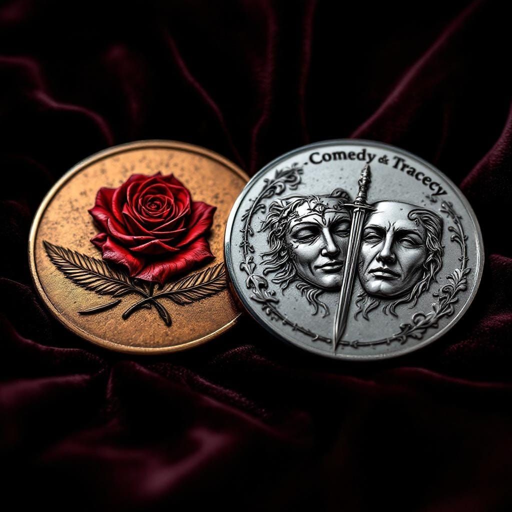 2 coins on a velvet pad. Coin 1 has a quill crossing a red rose.  Coin 2 has the masks comedy and tragedy seperated by a...