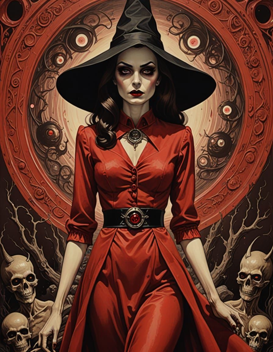 Vintage Witch in Crimson Dress, Sepia Tones