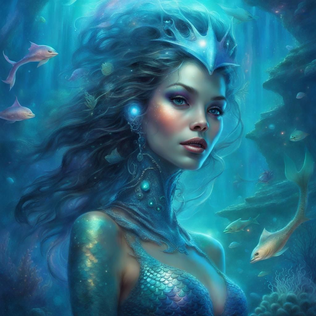 Mermaid with Futuristic Faceplate in Ethereal Underwater Sce...
