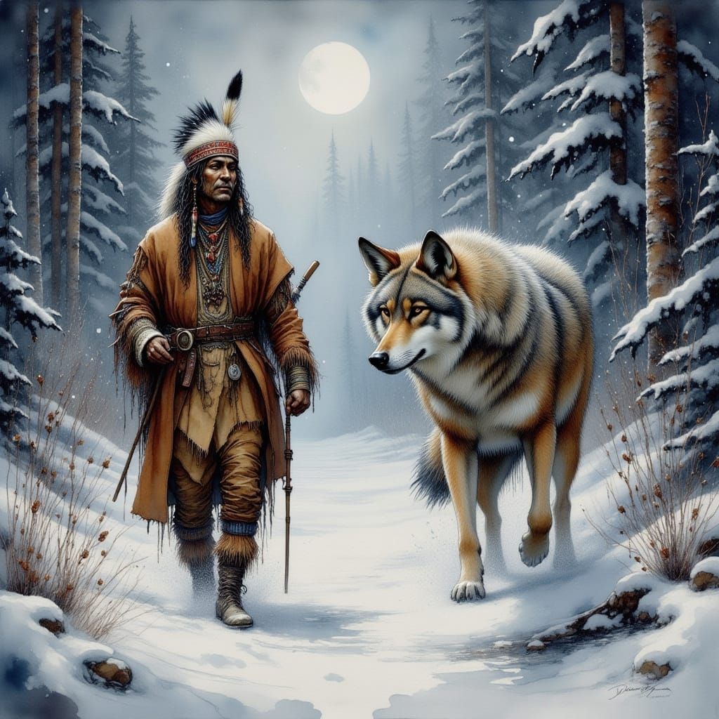 Cherokee Chief and Wolf in Snowstorm
