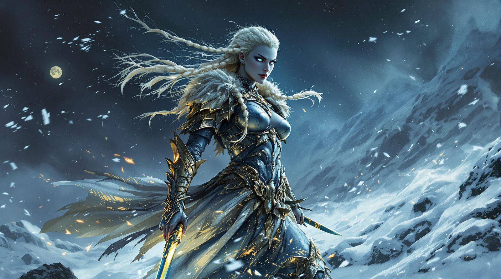 Fierce Valkyrie Warrior on Snowy Battlefield