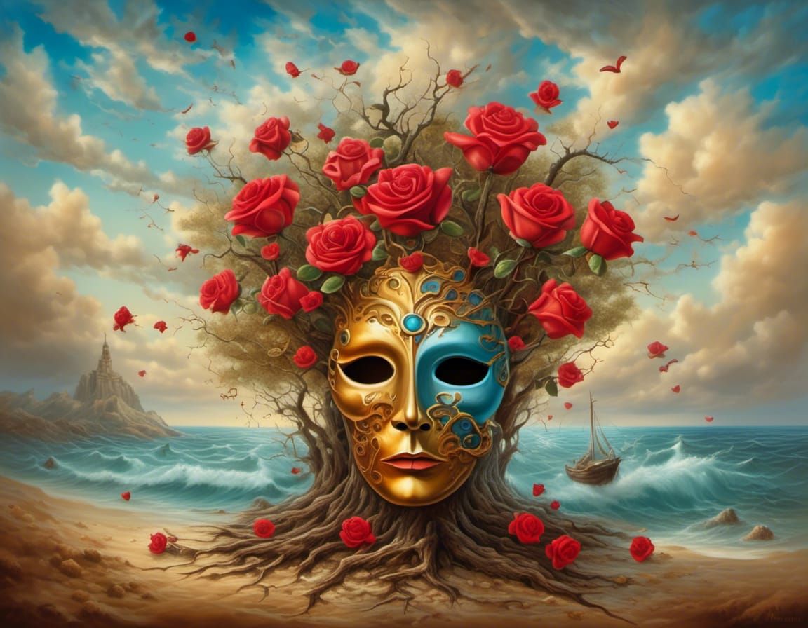Surreal Mask and Tree Oil Painting