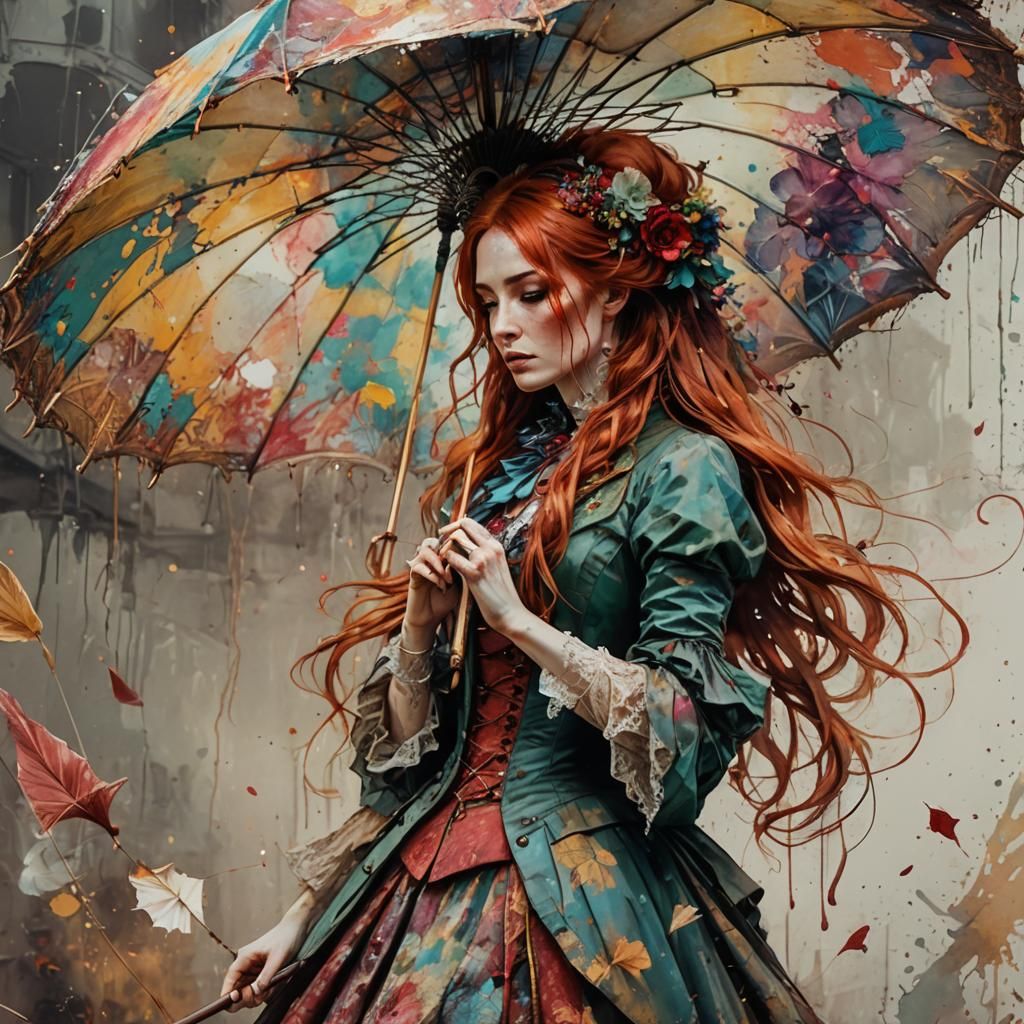 Victorian Woman with Red Hair in Splatter Ink Art