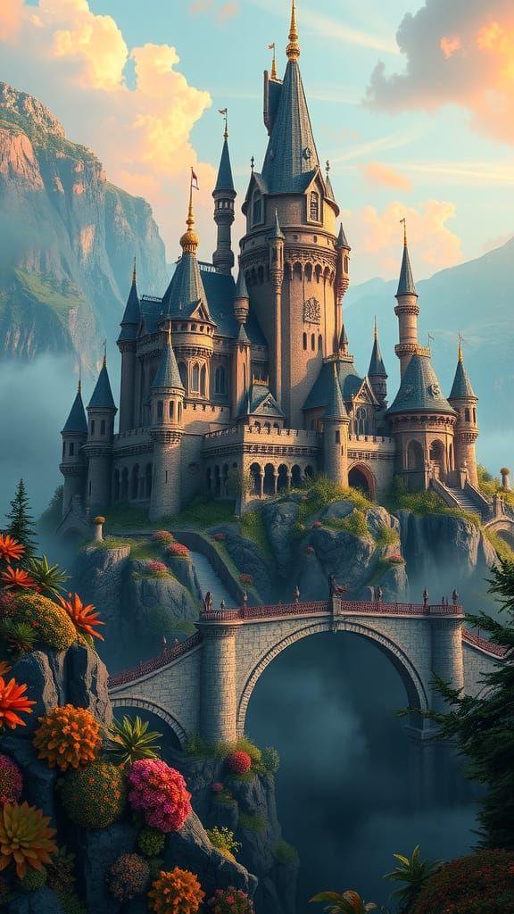 Surreal Fantasy Castle in a Dreamlike Landscape, Blending Tr...