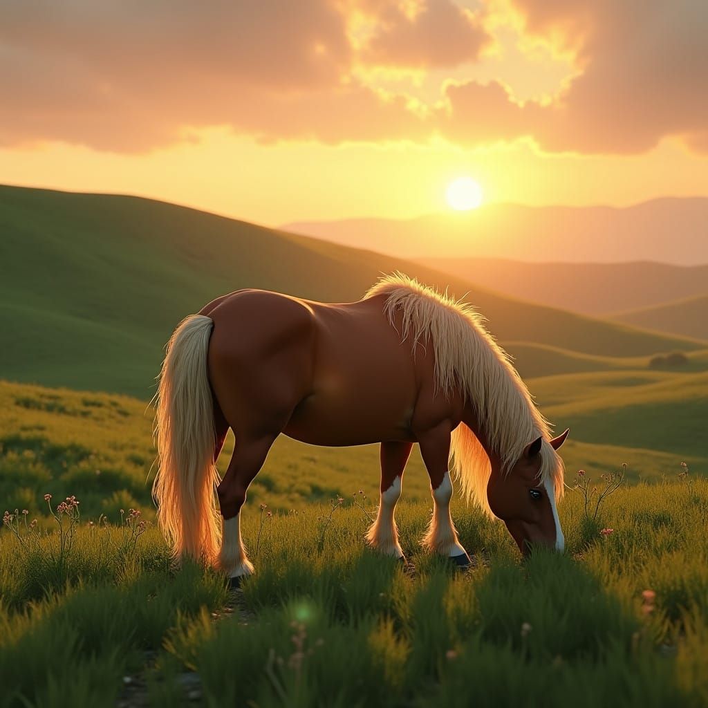 Majestic Chestnut Pony in Mystical Emerald Field