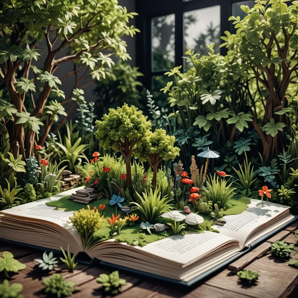 A 3D pop-up garden in a pop-up book, HDR, perfect compositio...