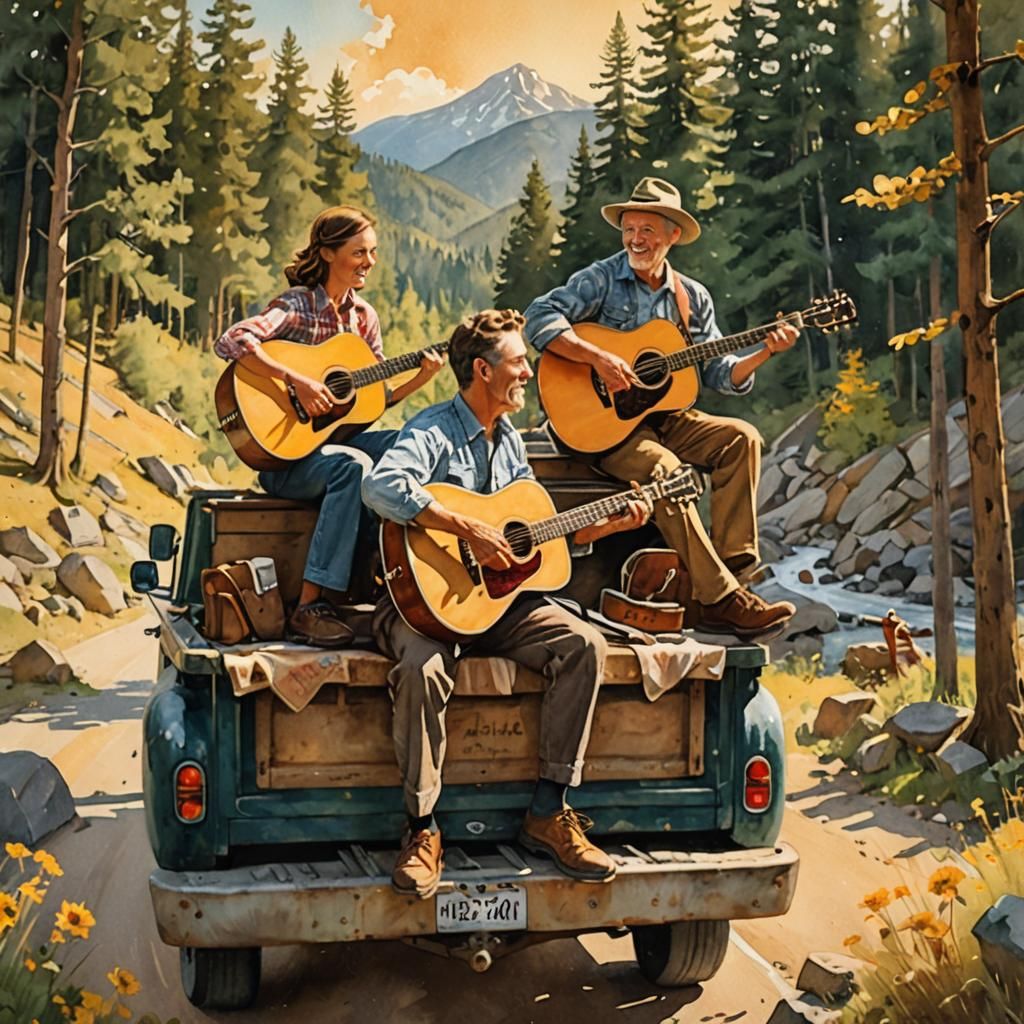 Serene Mountain Duet in Folk Art Style