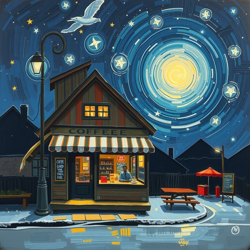 Starry Night Coffee Shop in Oil Paint