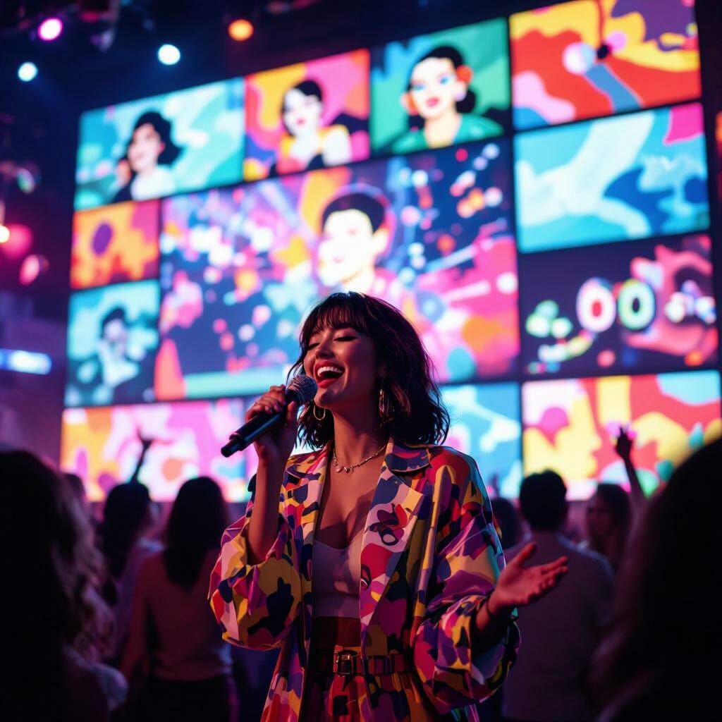 Woman Singing in Vibrant 80s-00s Videokaraoke