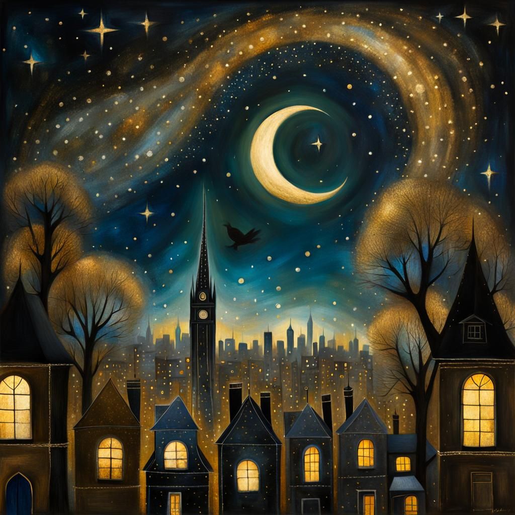 Starry Night Cityscape Illustration in Monochromatic Blue