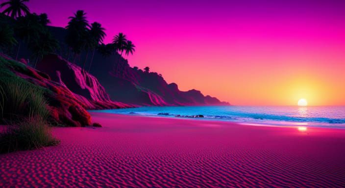 Detailed Beach Painting in Synthwave Neon Style