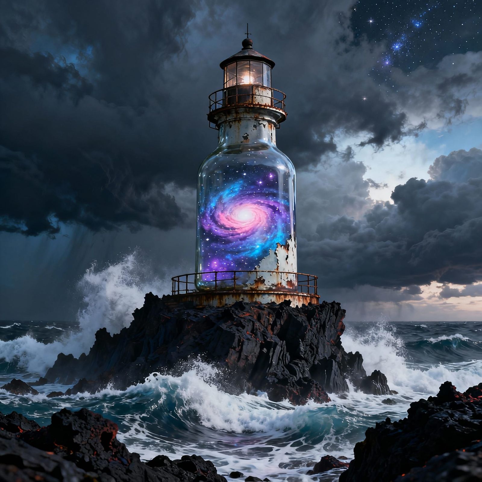 Lighthouse With Galaxy Bottle on Stormy Cliff