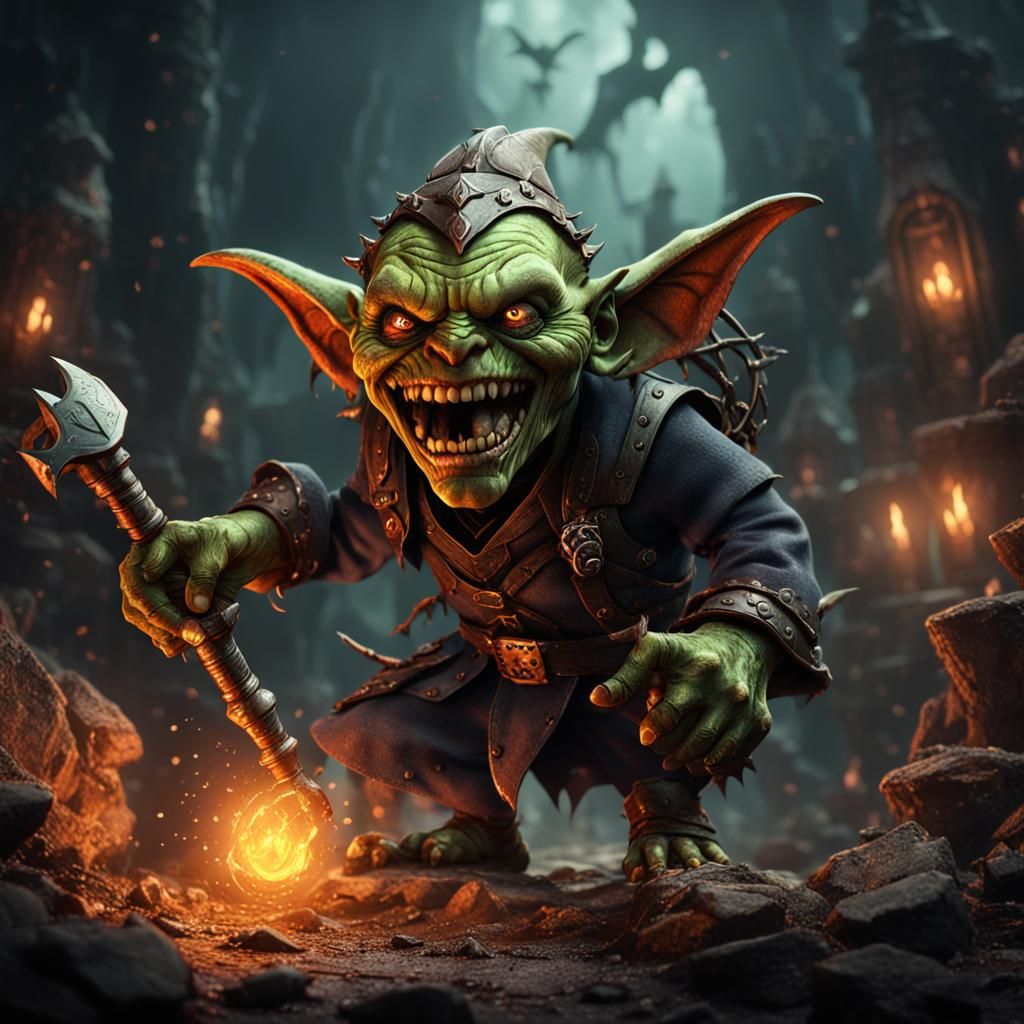 Evil Goblin Snarling at Adventurer