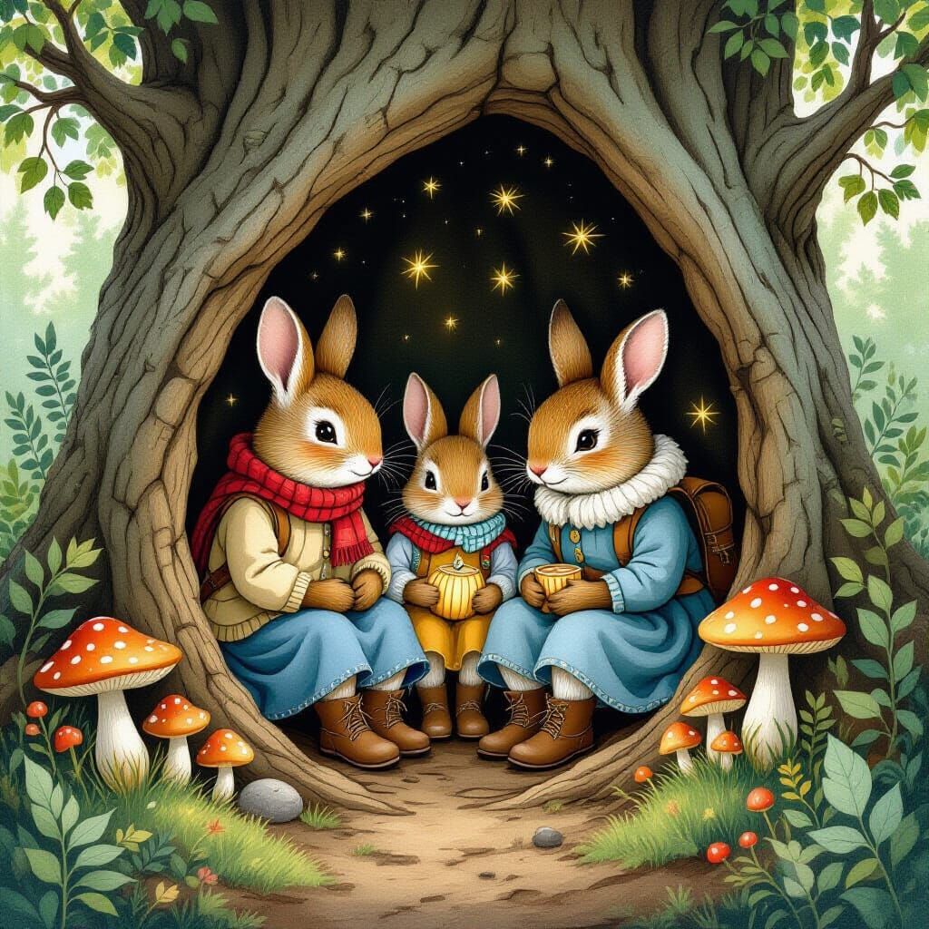 Whimsical Woodland Creature Family in Hollow Tree