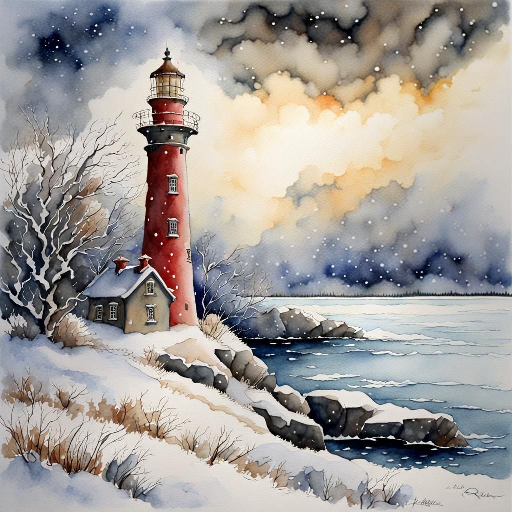 Winter Lighthouse in Watercolor Style