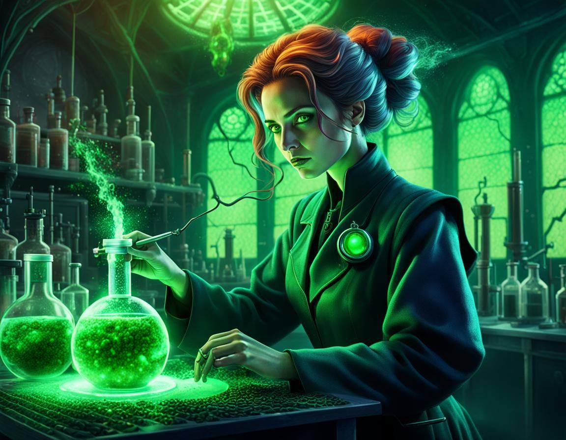 Gothic Scientist in Pointillism Lab: Fantasy Concept Art