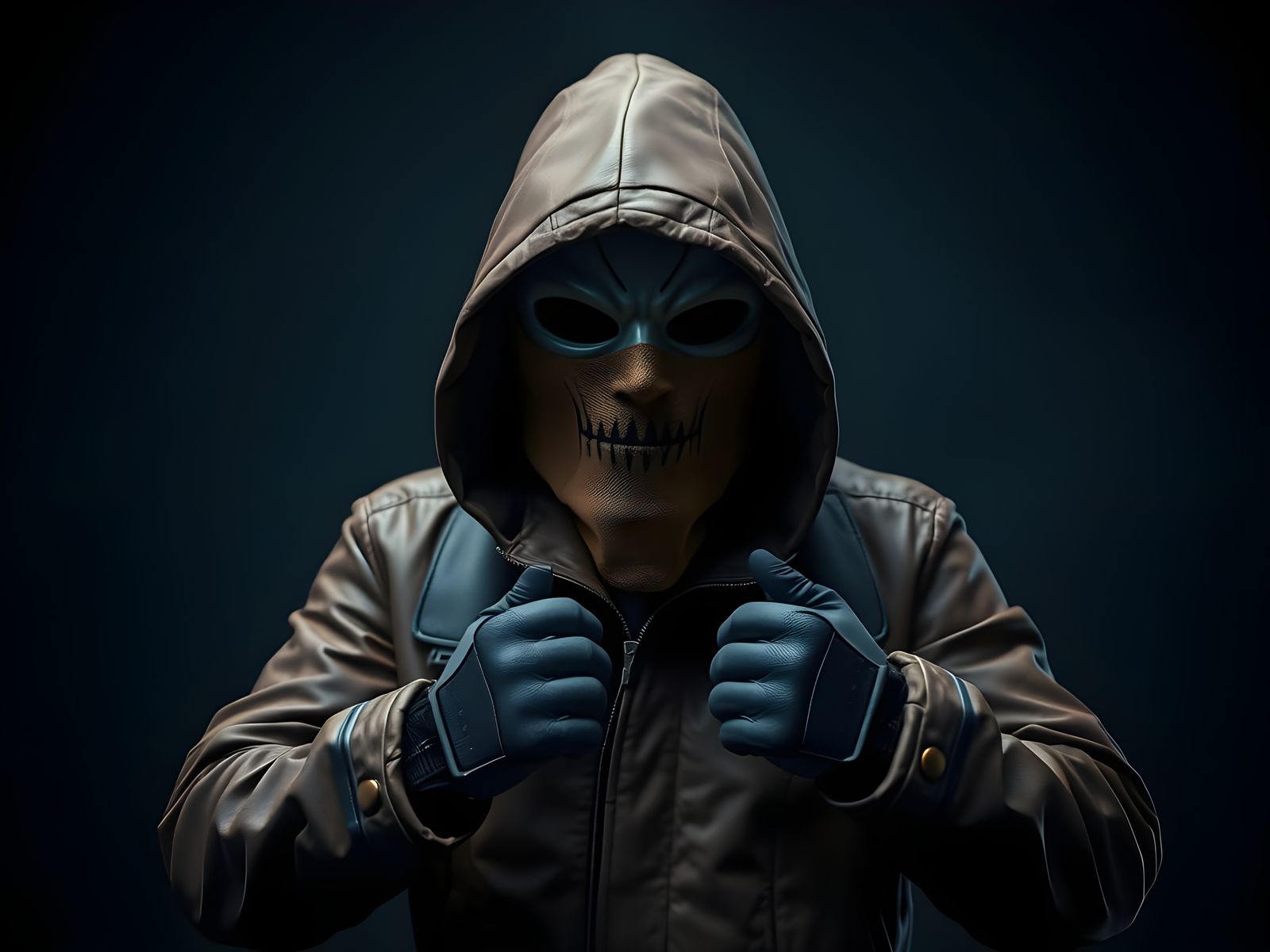 Masked Figure in Brown Leather Jacket