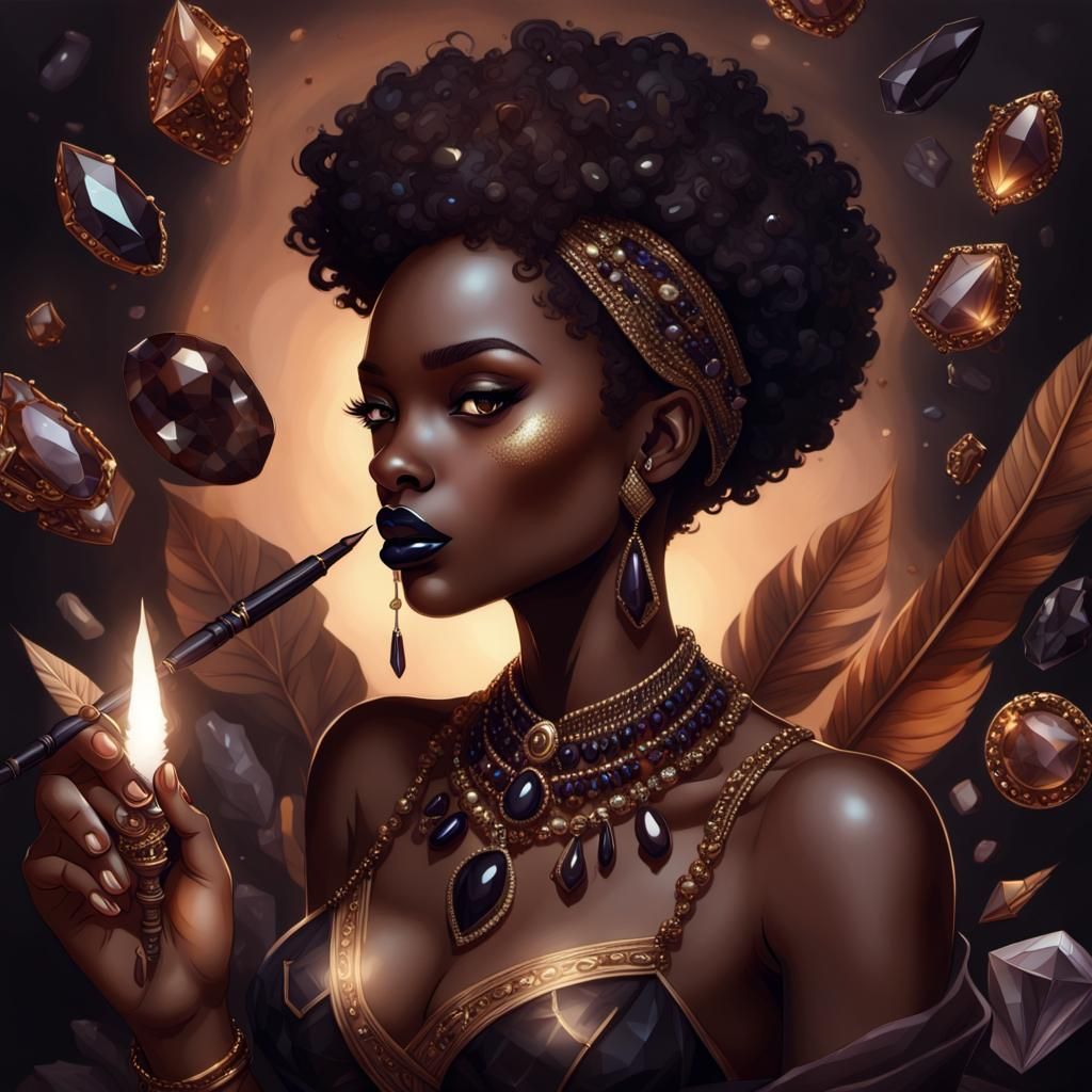 Dark Woman with Quill Pen and Gemstones