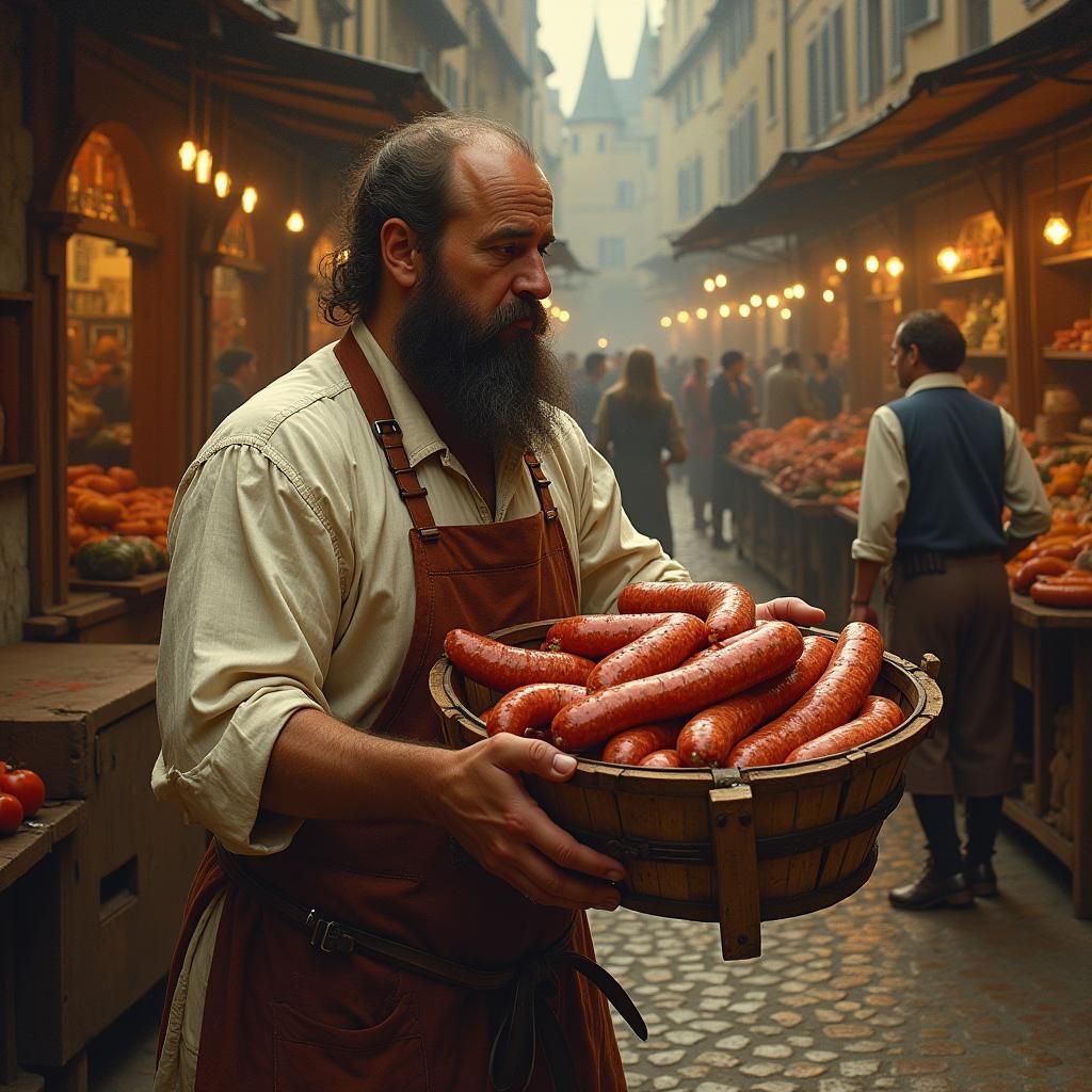 Medieval Butcher's Sausage Release: An Oil Painting
