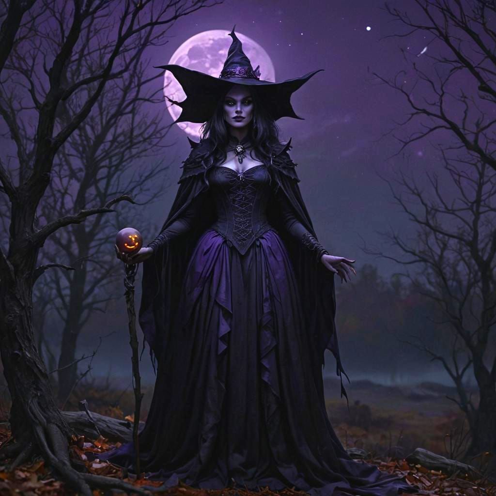 Eerie Dark Witch Under Luminescent Autumn Moon