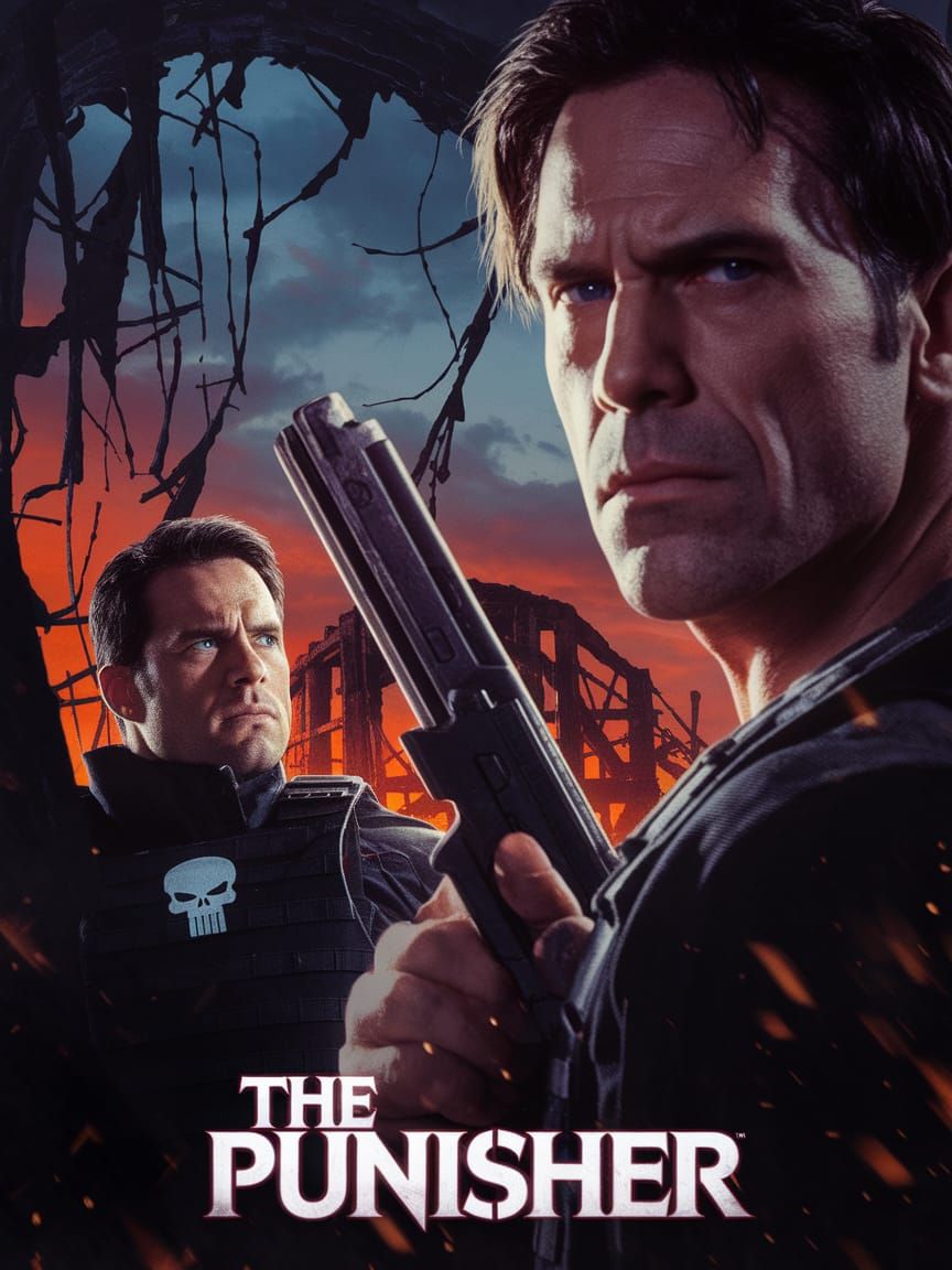 Punisher in Smoldering Ruins Against Fiery Sky
