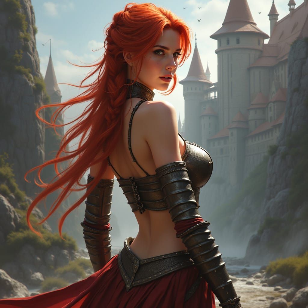 Sultry Red Sonja Battles Fiery Dragon in Fantasy Realm