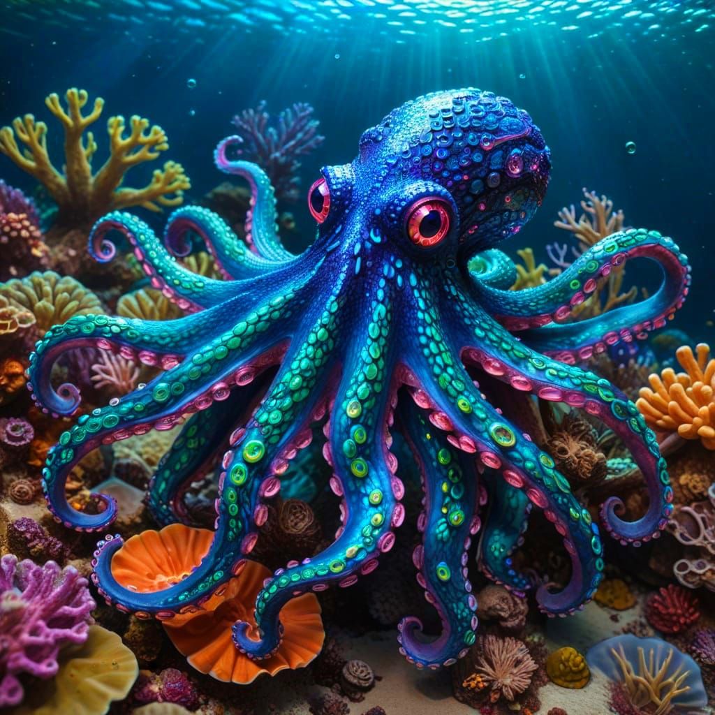 Sapphire Iridescent Octopus in Coral Reef