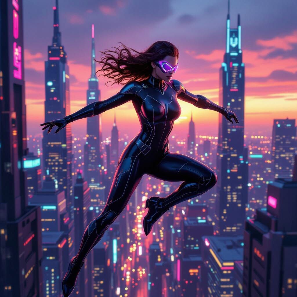 Futuristic Superheroine Soaring Through Neon City