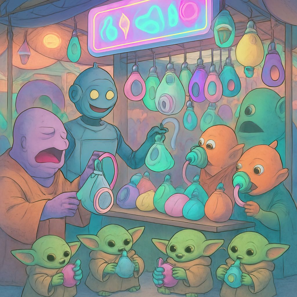 Vibrant Alien Marketplace Selling Masks, Ghibli-Inspired