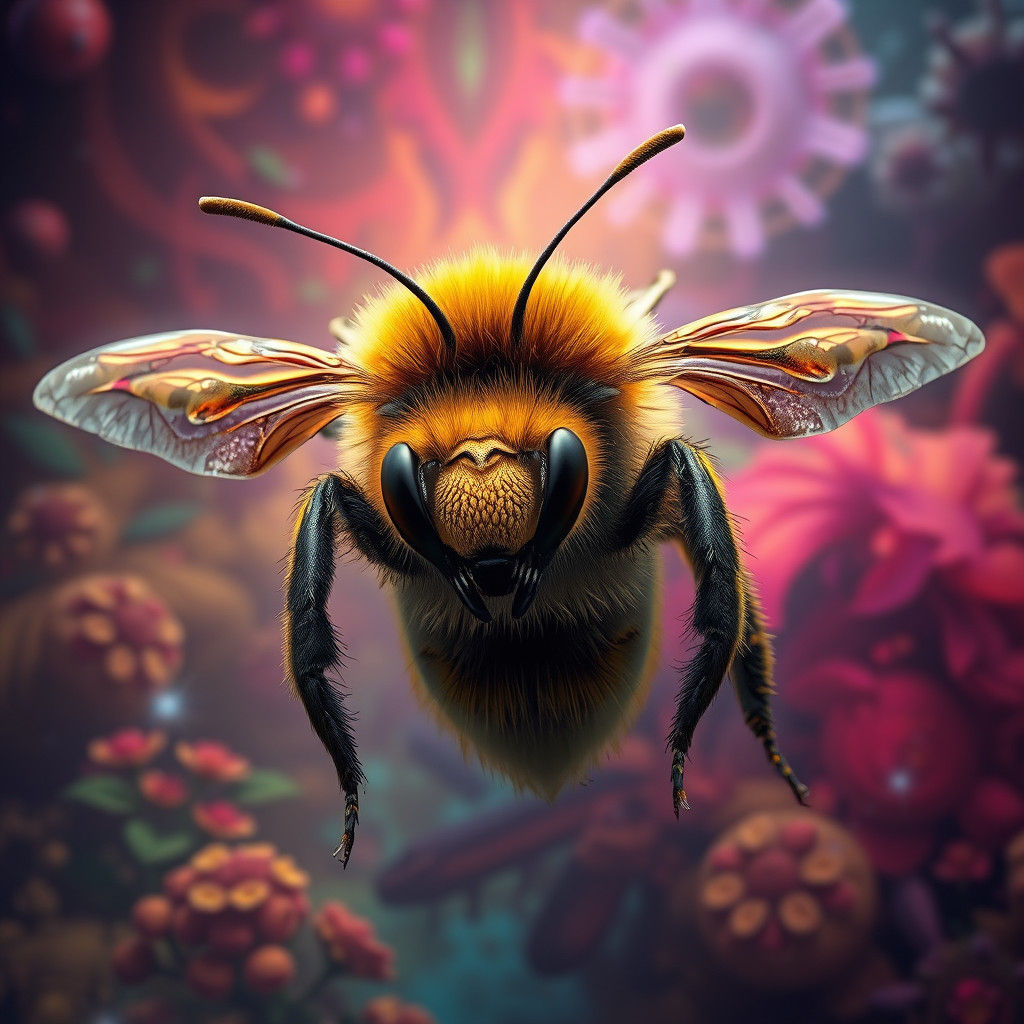Photorealistic Bee in Fantasy Landscape, Matte Painting Styl...