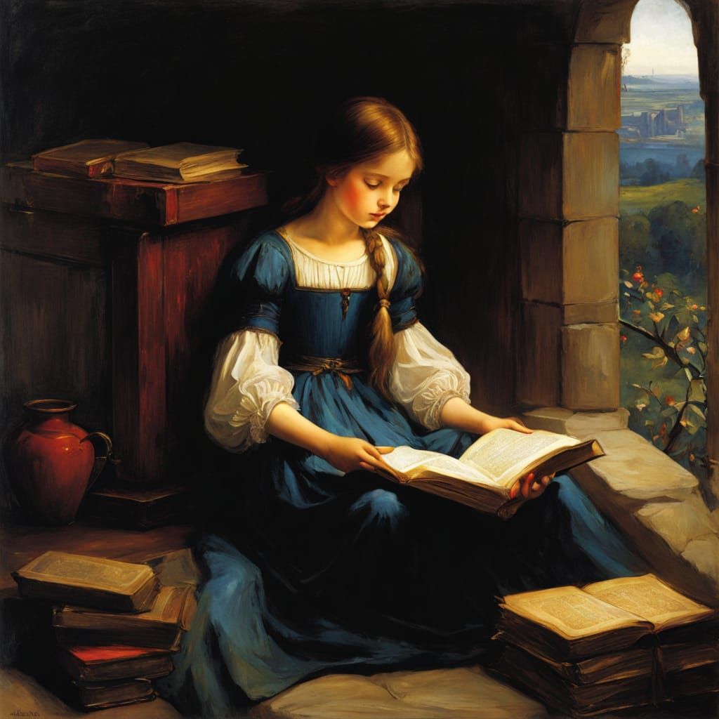 Medieval Children Reading Book in Chiaroscuro Style