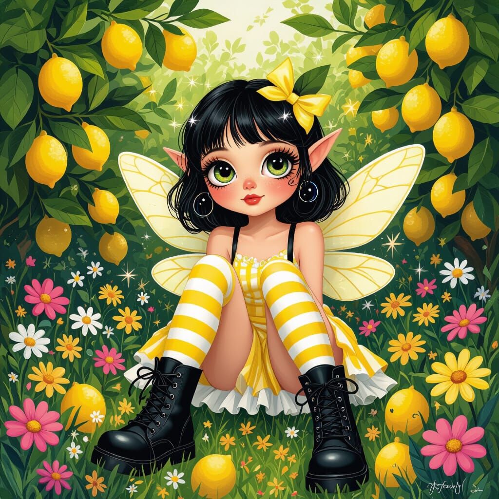 Lemon fairy with huge eyes wearing striped stockings and combat boots sitting in a lemon garden art vibrant colorful whi...