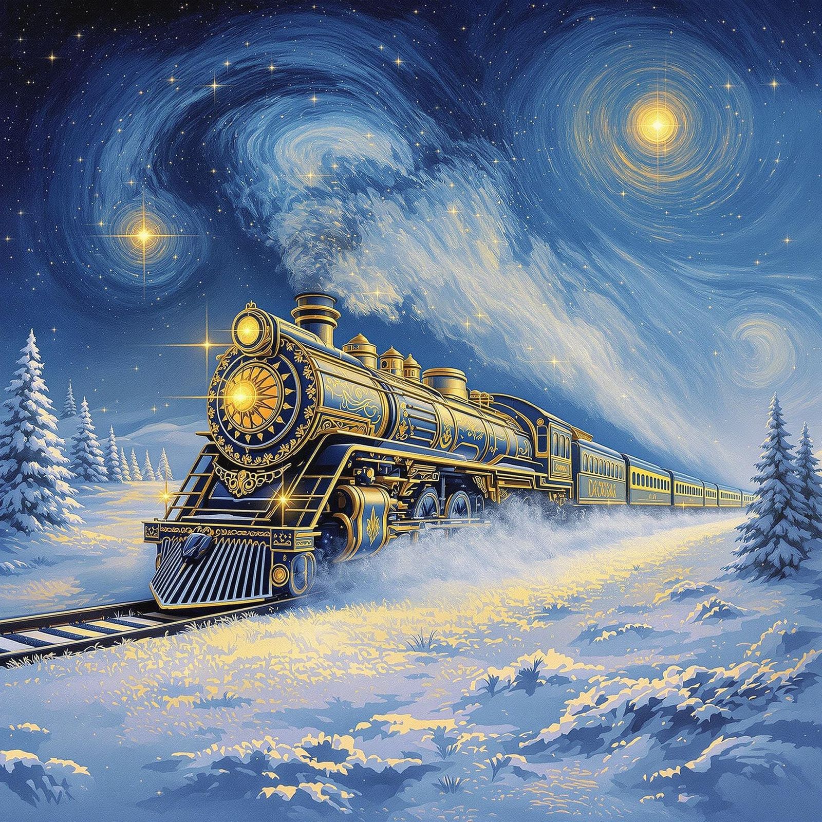 Golden Train in Winter Landscape, Van Gogh Style