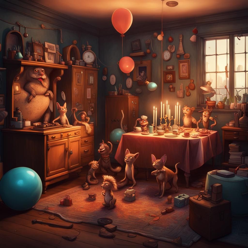 Sentient Objects Plan a Party: Detailed Matte Painting
