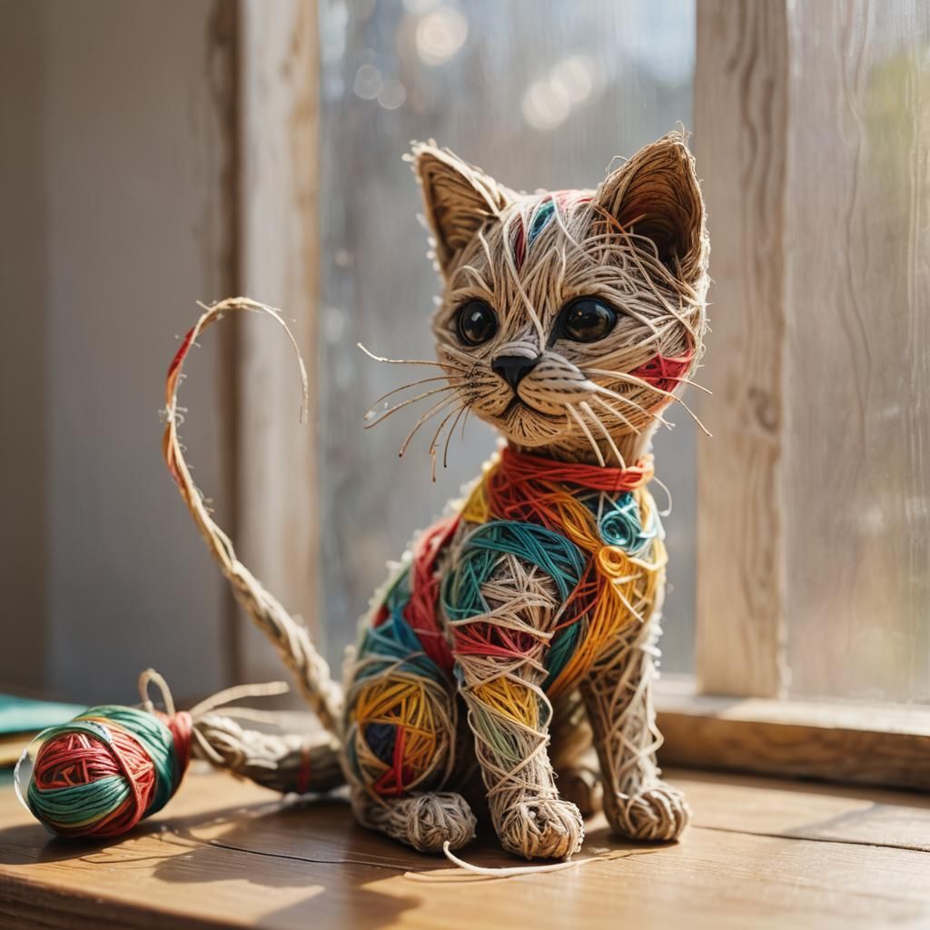 Whimsical Fiber Art Kitten in Sunny Window