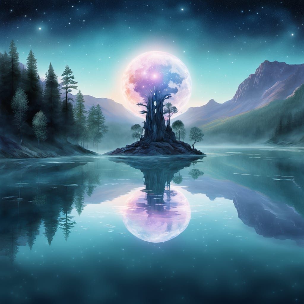 Cosmic Engine Submerged in Lake with Bioluminescent Flora