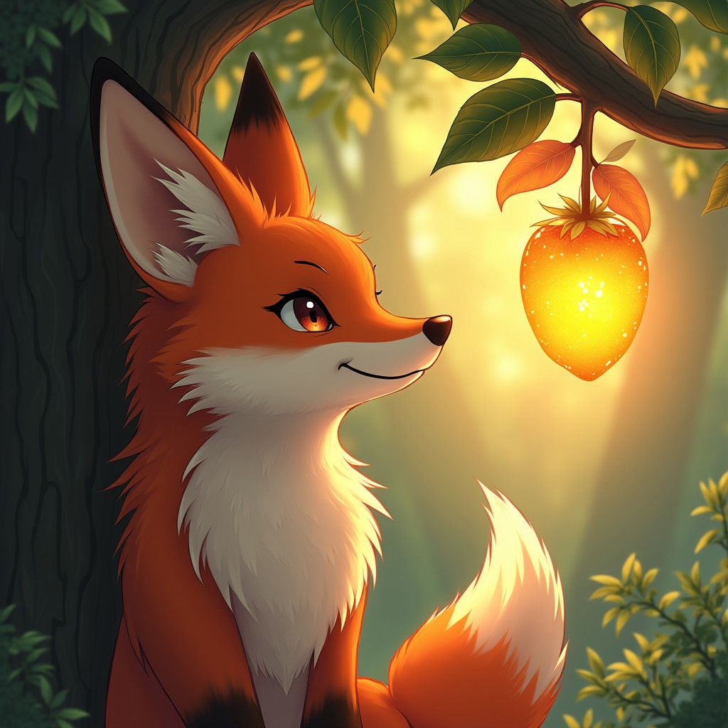 Anthropomorphic Fox Gazing at Glowing Fruit, Anime Style