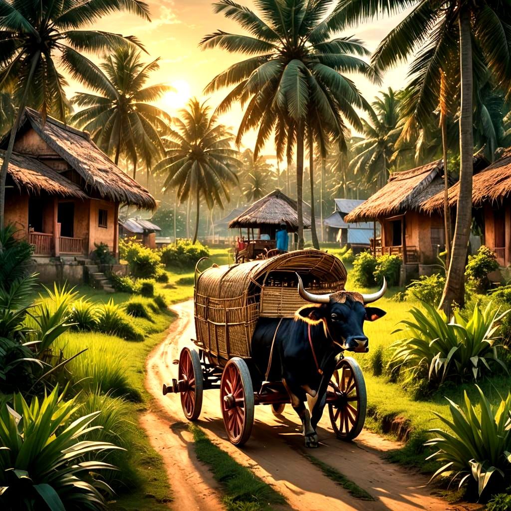 Picturesque Bull Cart Journey: Village Scene in Detailed Pai...
