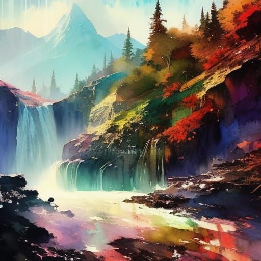 Mysterious Waterfall: Watercolor Manga Illustration