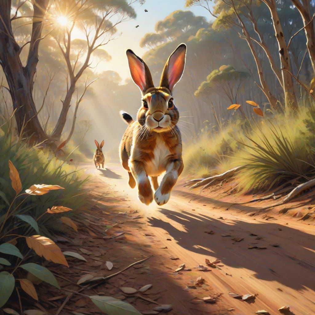 Rabbit Hunt in Australian Bush: Wildlife Oil Painting