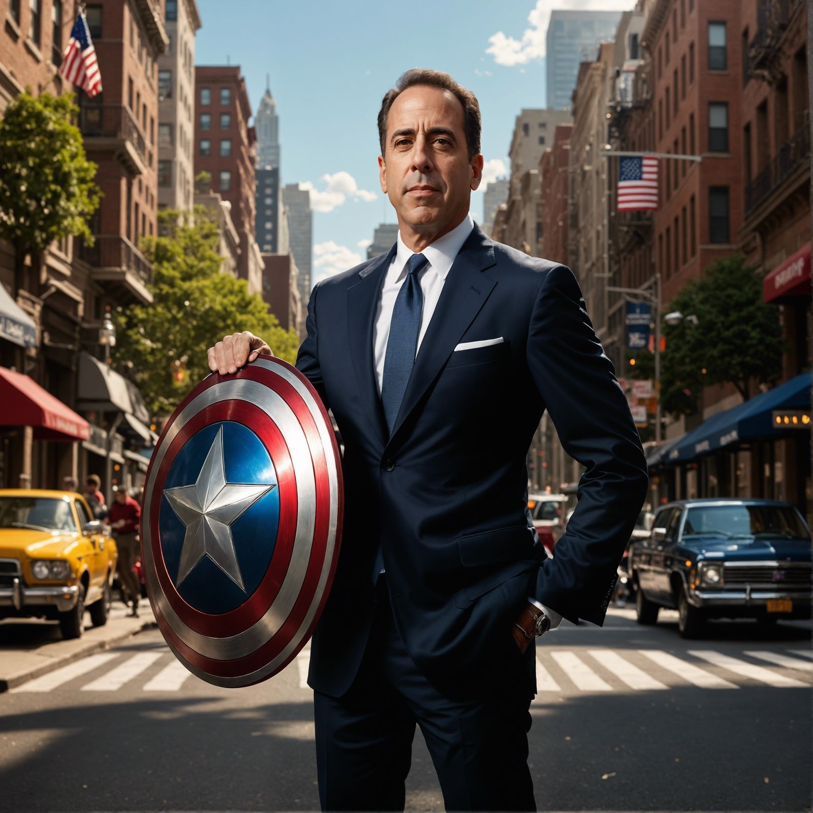 Jerry Seinfeld Portrait with Shield in Animated Style