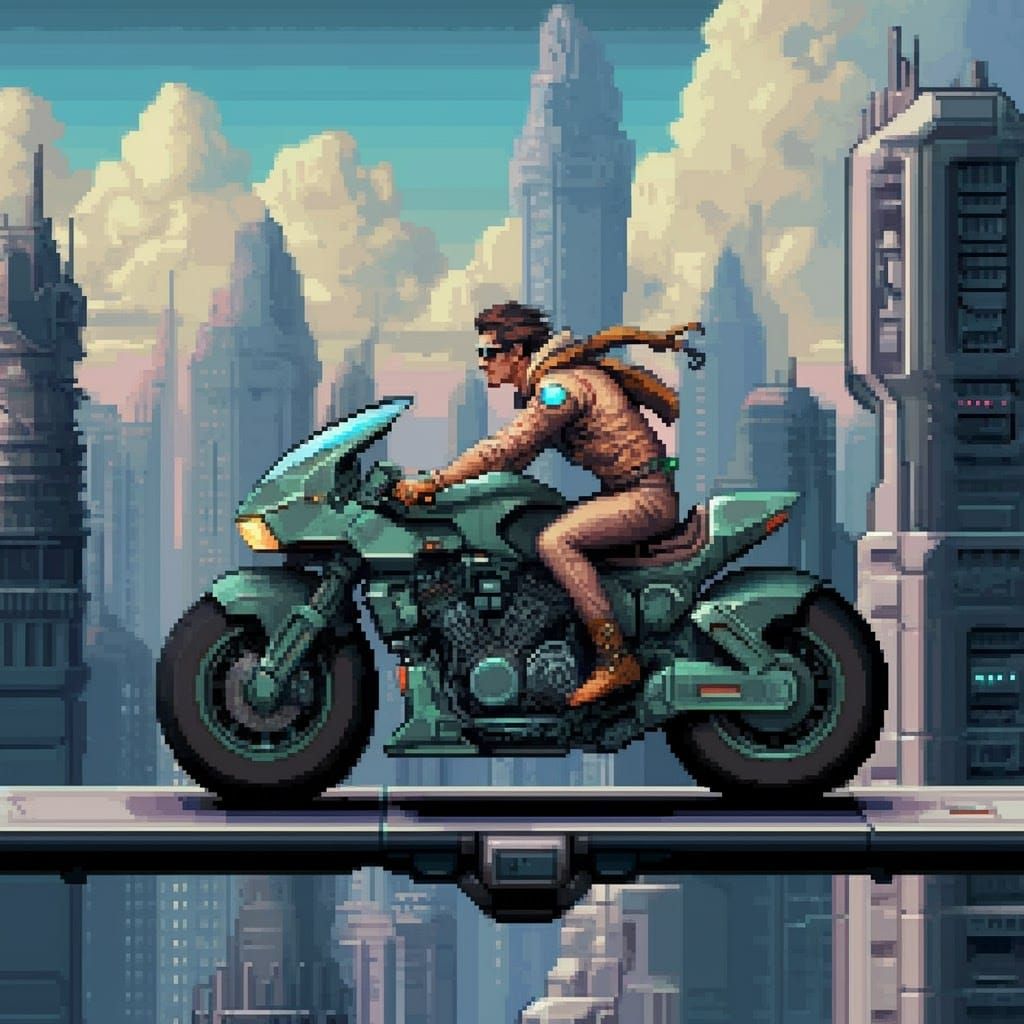 Futuristic Biker on Suspended Road in Pixel Art Style