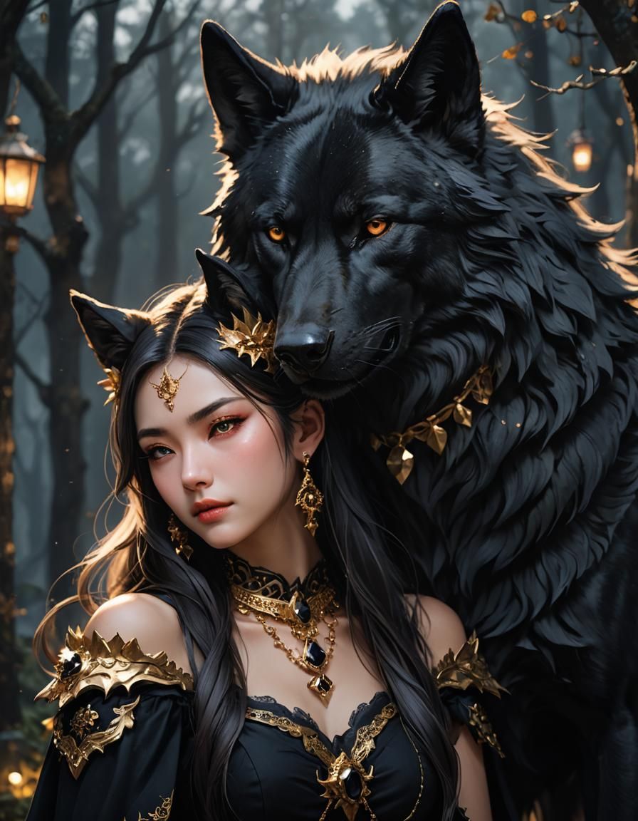 Woman with Wolf Ears Cuddling a Black Wolf