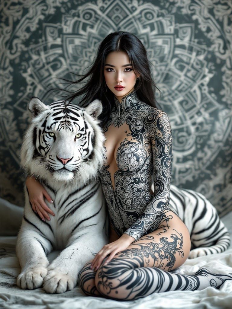 East Asian Woman and White Tiger with Mandala