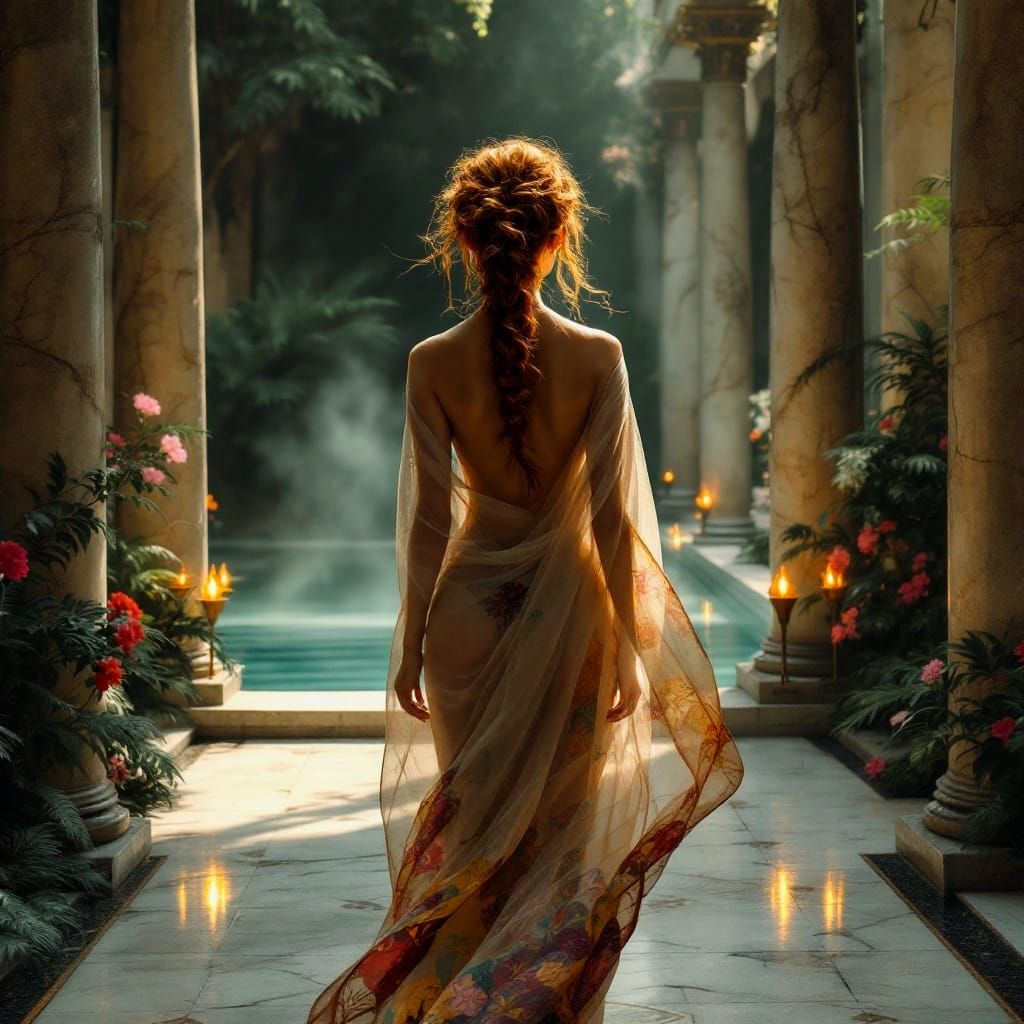 Elegant Young Woman in Antic Spa, Oil Lamp Light