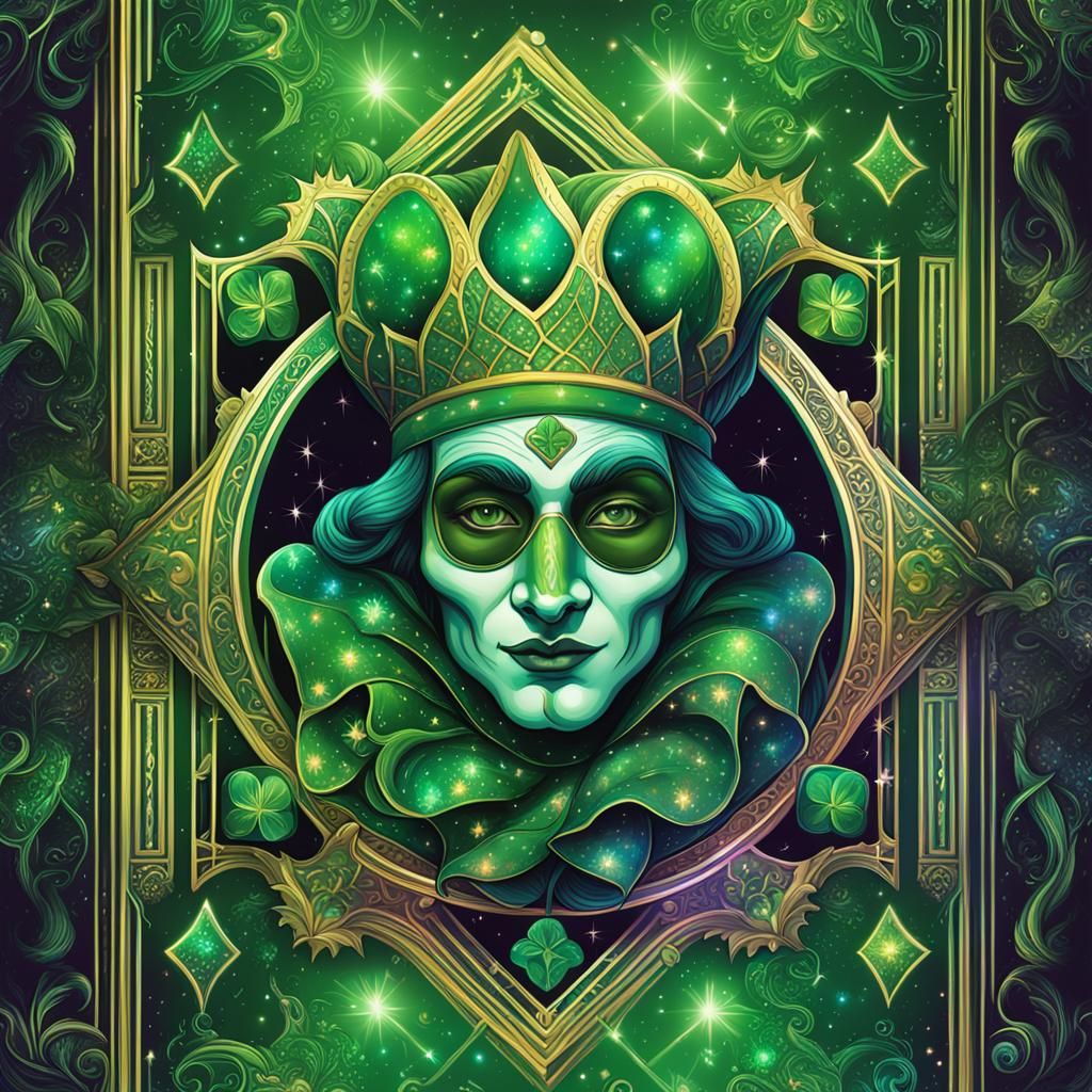Green Jester Playing Cards in Moonlight: Cosmic Illustration