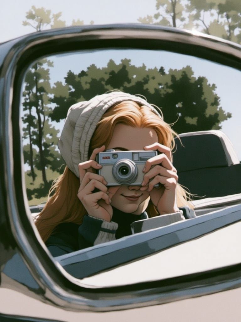 Vixen Taking a selfie in her convertible car mirror.