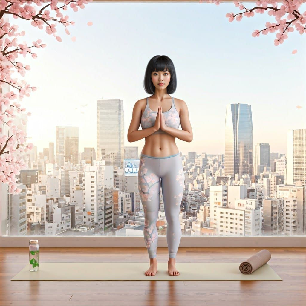 Ethereal Thai Woman in Serene Yoga Studio with Shibuya View