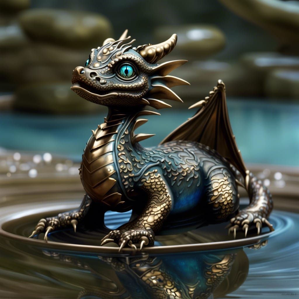 Bronze Dragon Cub Swims in Electric Pond