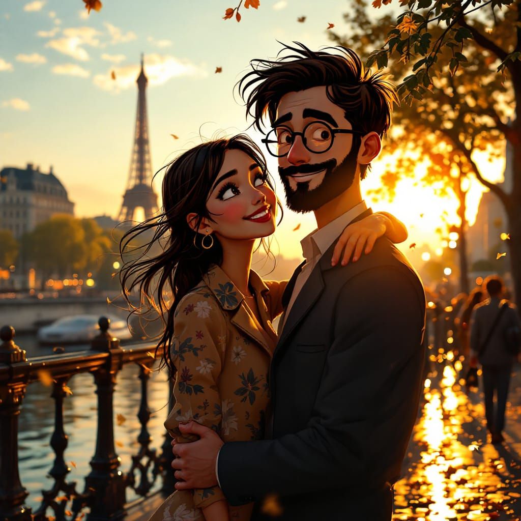 Parisian Golden Hour: Stick Figure Man and Girl Stroll